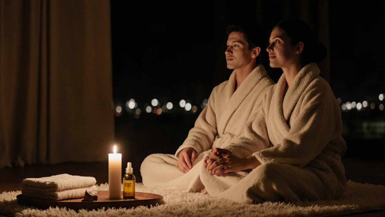 A couple holding hands in robes after a massage, smiling softly in a quiet, cozy space.