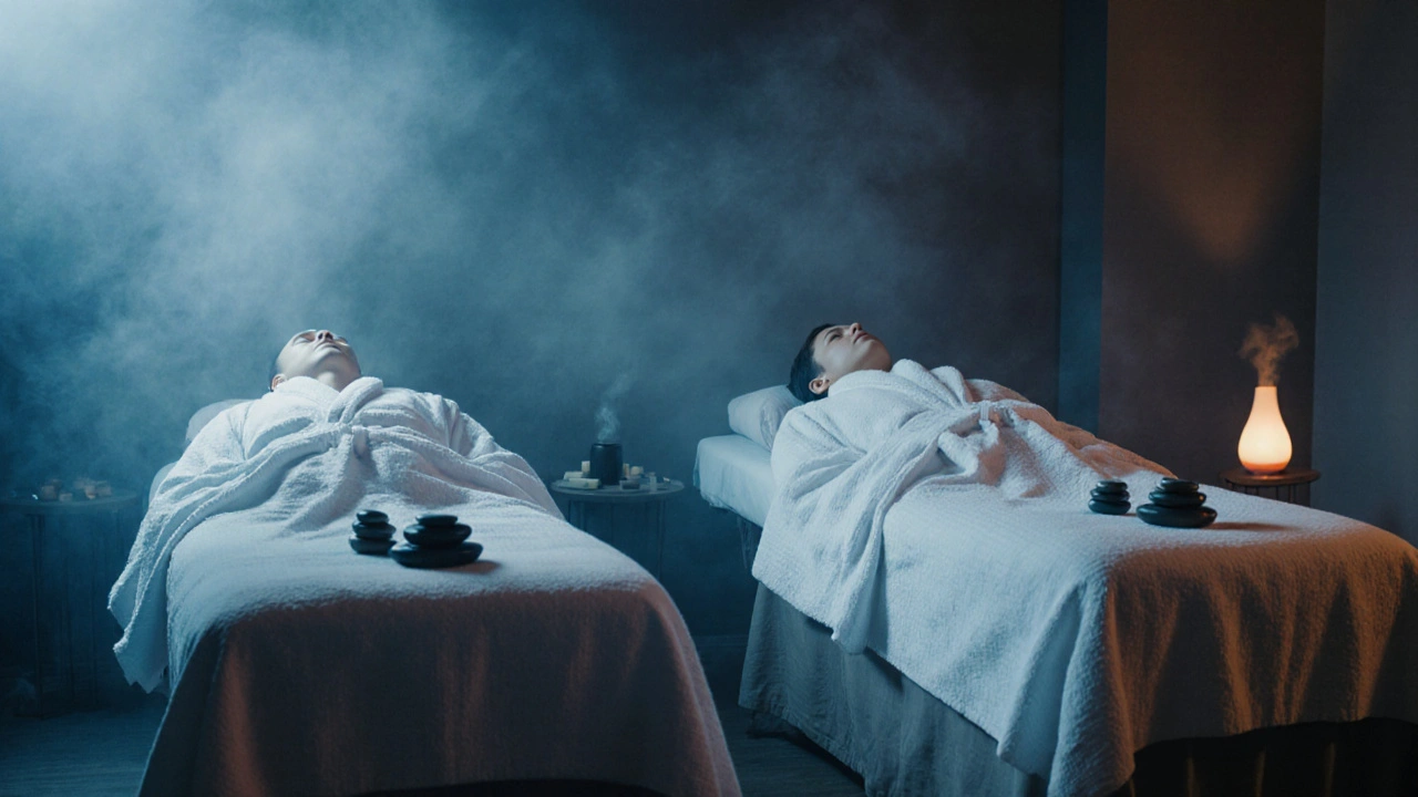 A couple relaxing side-by-side on massage tables in a calm, shared studio.
