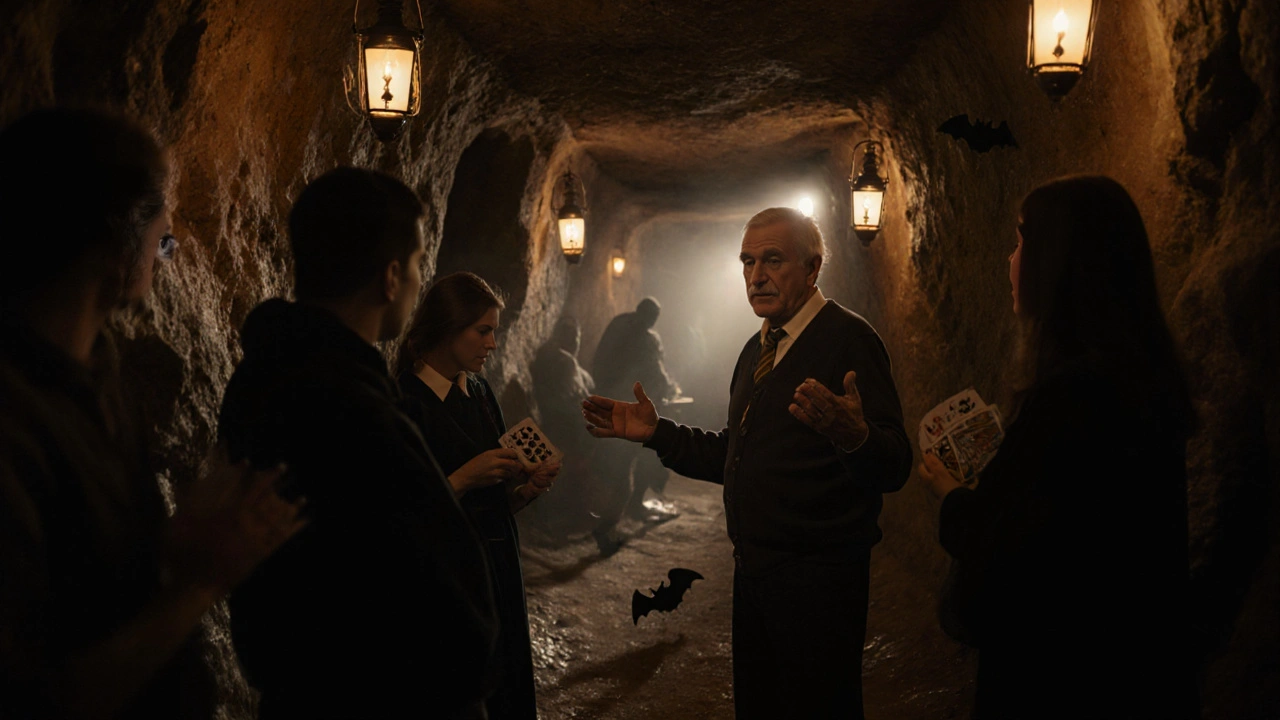 A dimly lit chalk cave interior with a guide telling stories by lantern light, bats flying overhead.