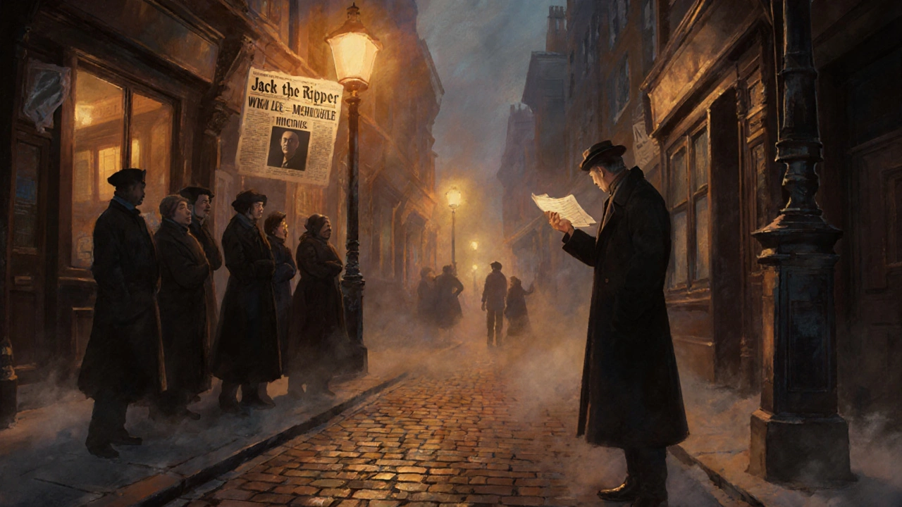 A ghost tour in Whitechapel at dusk, foggy streets lit by a lamplight as a guide tells stories to attentive visitors.