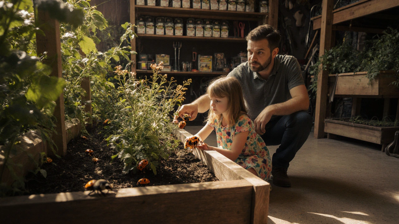 A girl and her father observe ladybugs and bees in the Natural History Museum’s Wildlife Garden.