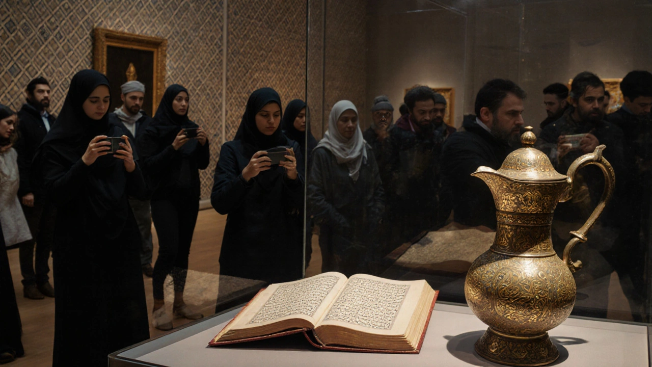 A golden Persian ewer and ancient Quran manuscript are displayed in the newly restored Islamic galleries, admired by diverse visitors.