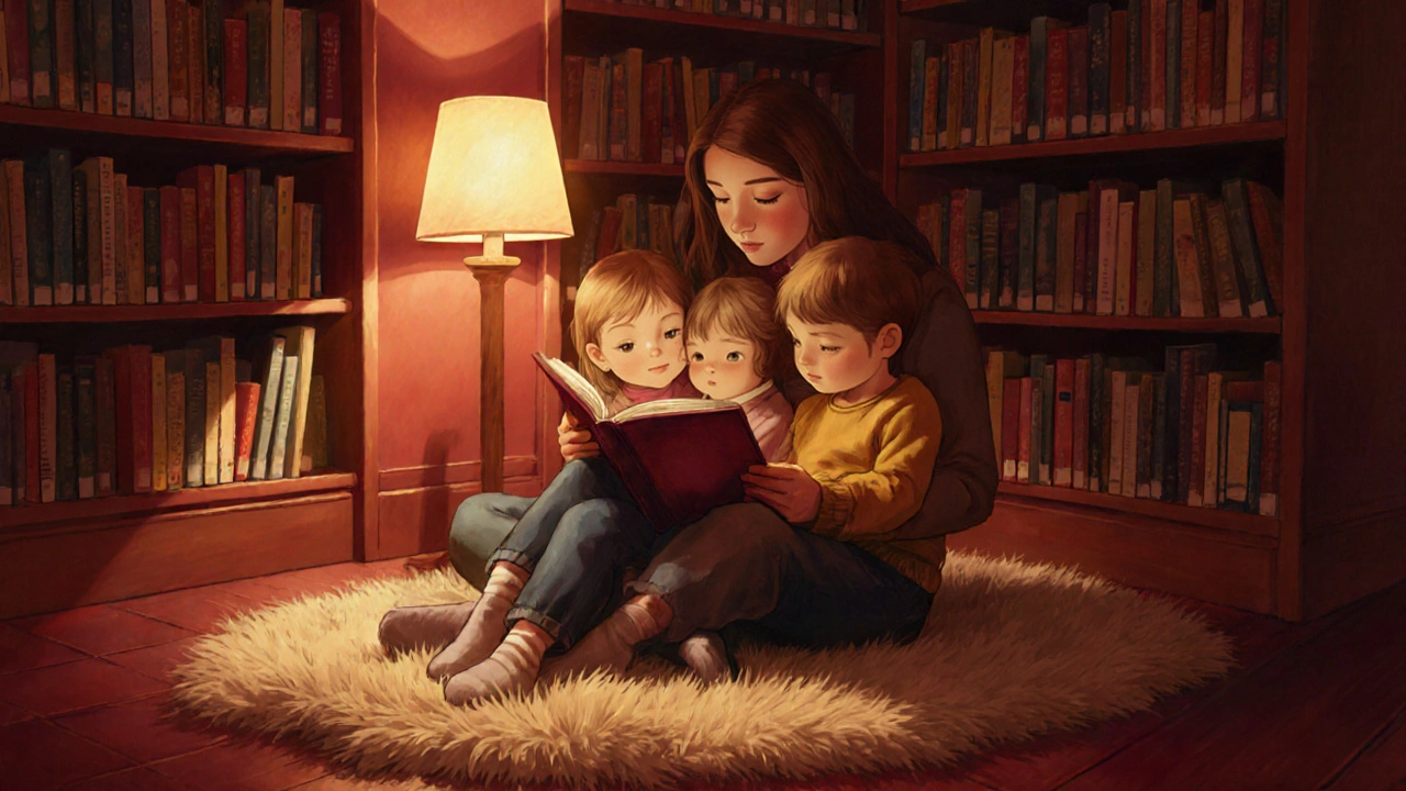 A mother and two children read together on a rug in a cozy London library during storytime.