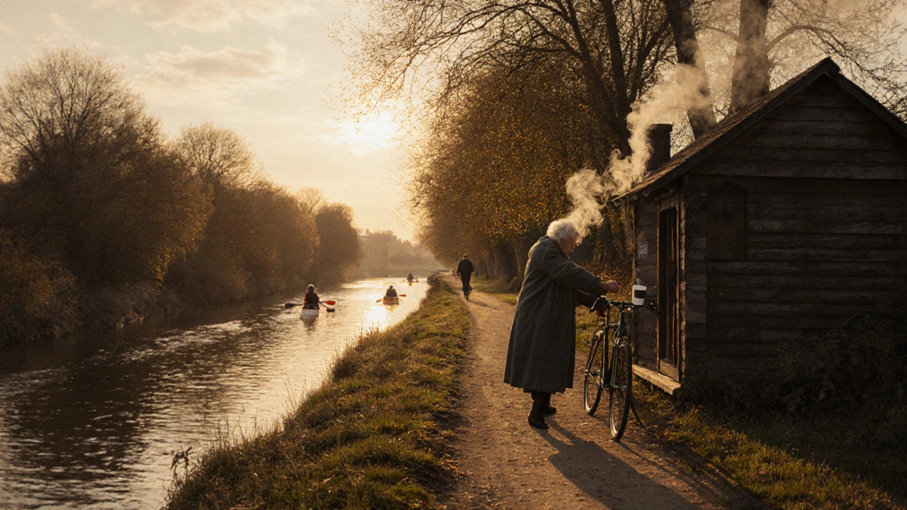 A peaceful riverside path at dusk with a wooden hut serving hot drinks and canoeists on the water.