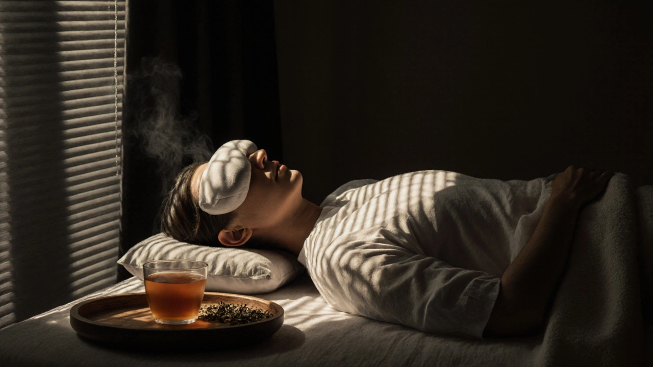A person lying peacefully after a massage, with an eye pillow and tea nearby.