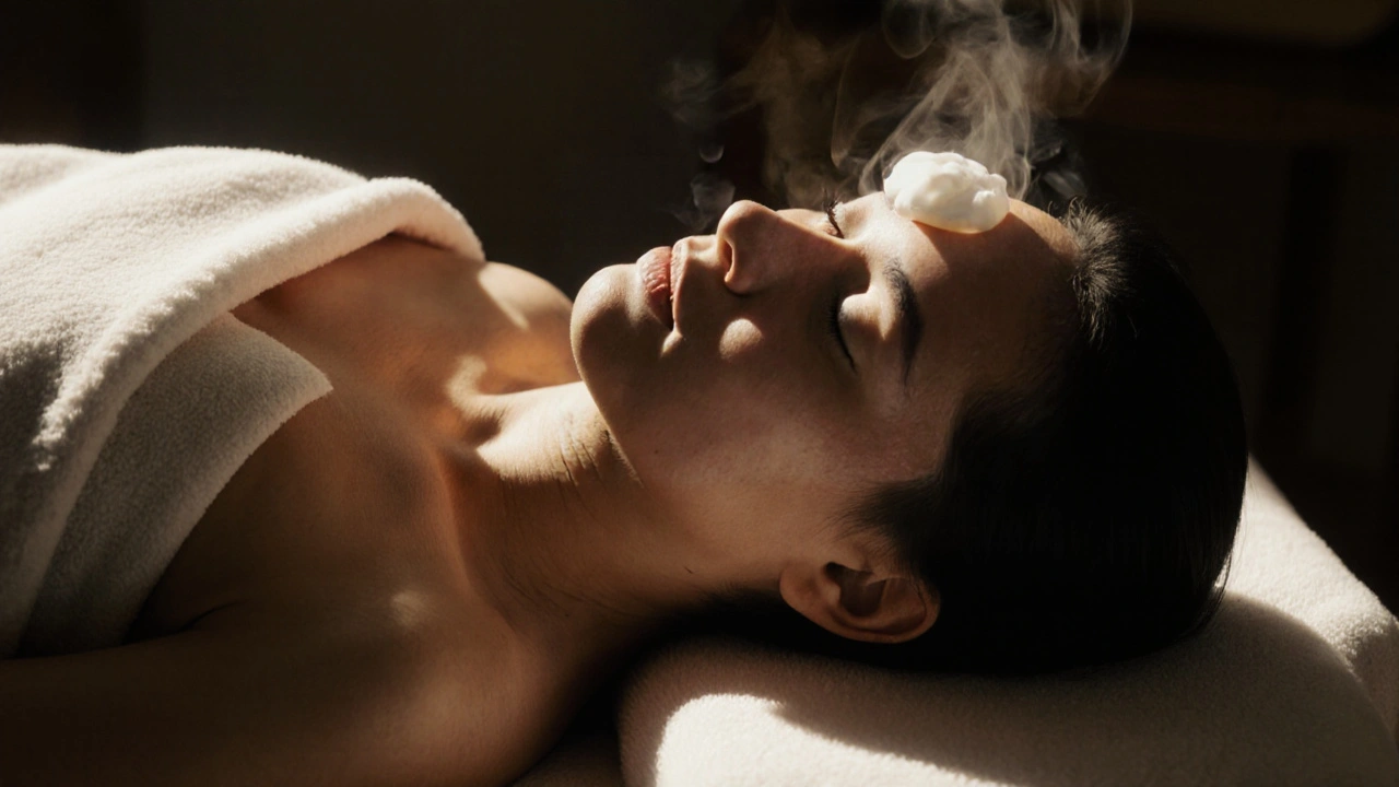 A person resting peacefully after massage, with essential oil pad near head and soft blanket.