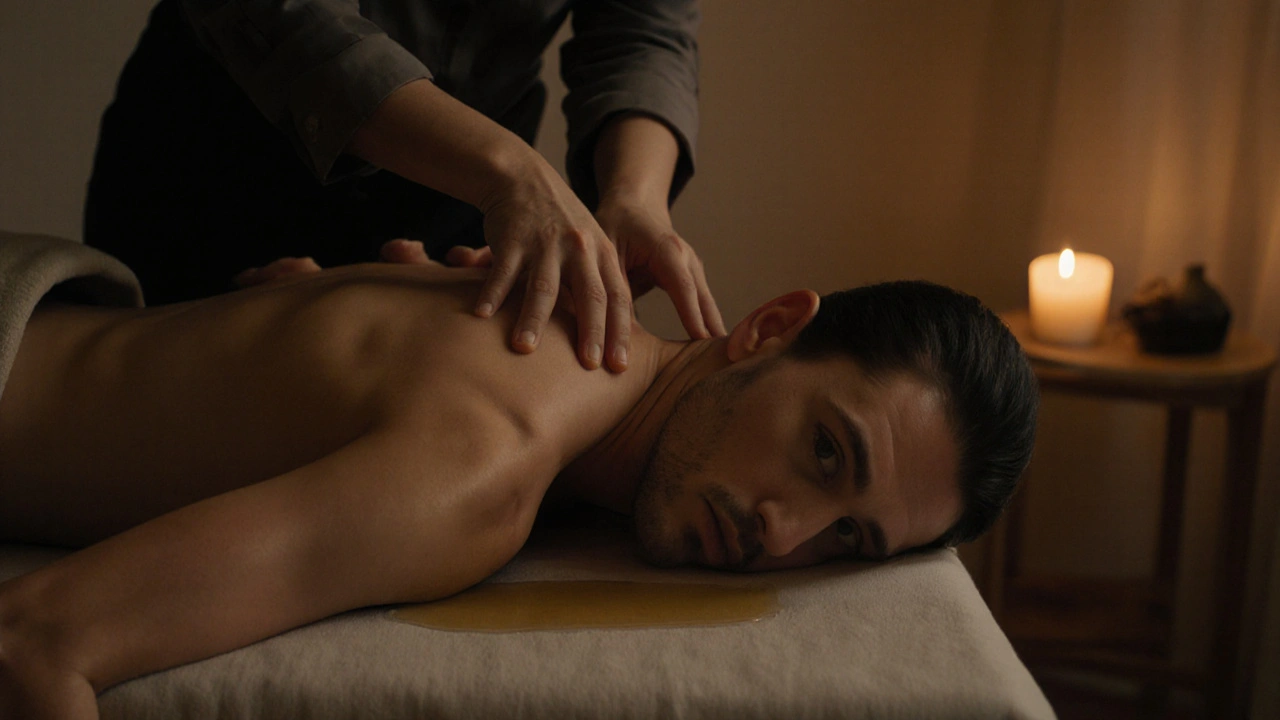 A professional therapist gently massaging a client&#039;s shoulders in a home setting, with the client covered by a sheet.