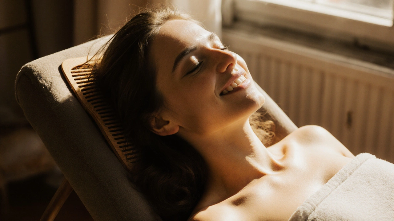 A relaxed woman smiling after a head massage, bathed in natural sunlight.