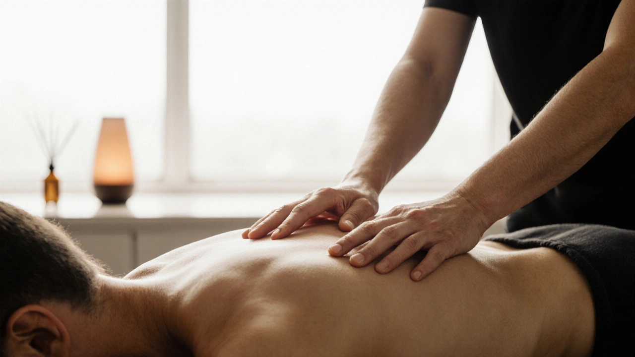 A therapist&#039;s hands working on a client&#039;s shoulder with natural light and blurred studio background.