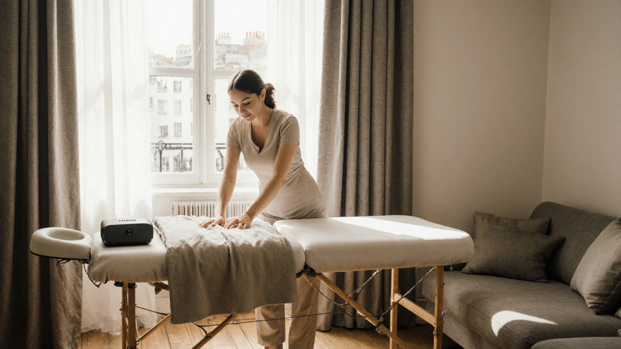 A therapist setting up massage equipment in a client&#039;s London home with calm, professional focus.