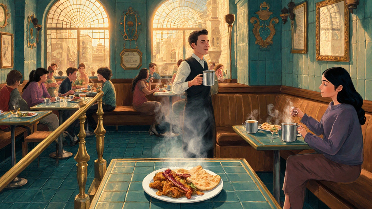 A vibrant Indian café with diners enjoying chicken bombay and chai in Art Deco surroundings.