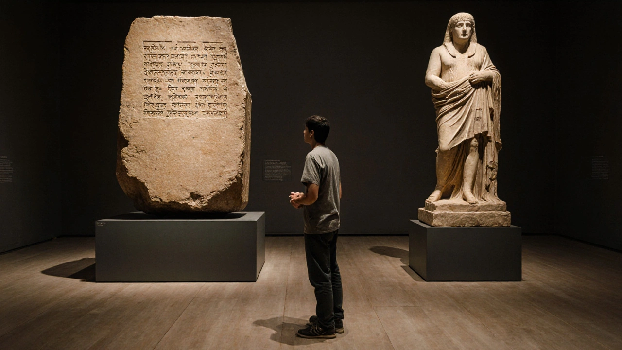 A visitor stands quietly before the Rosetta Stone and Parthenon Marbles, lost in thought under soft museum lighting.