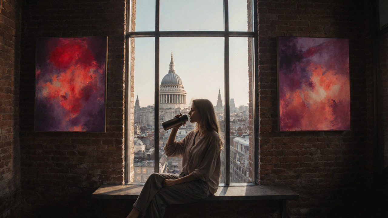 A woman enjoying tea while overlooking St. Paul’s from Tate Modern’s top floor, abstract paintings glowing behind her.