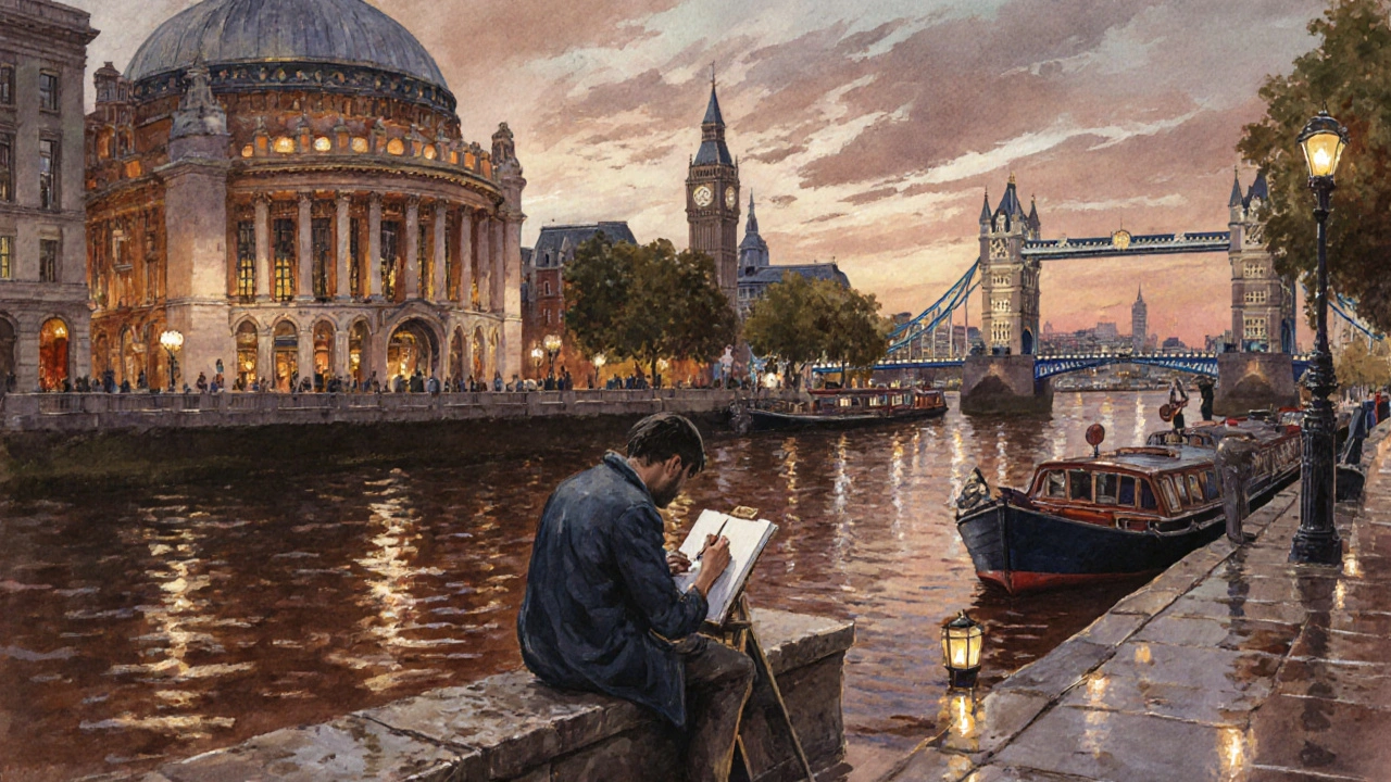 An artist sketches by the Thames at twilight, reflections of buildings shimmering in the river.