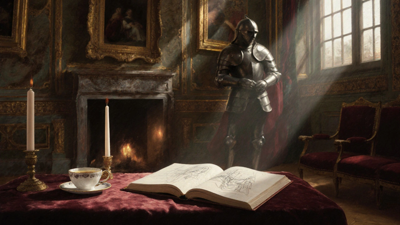 An open sketchbook beside a porcelain teacup in the Wallace Collection, capturing the delicate fold of a painted sleeve in candlelight.