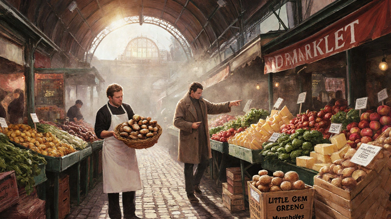 Autumn produce at Borough Market: root vegetables, wild mushrooms, and apples on wooden stalls with farmer and chef interacting.
