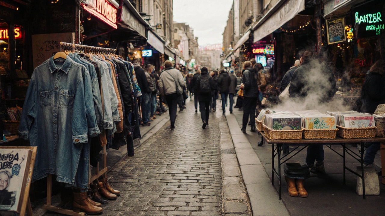 Camden Market&#039;s vibrant stalls with vintage clothes, food, and vinyl records.