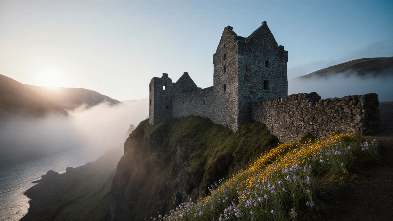Carreg Cennan Castle shrouded in morning mist above a river in Wales.