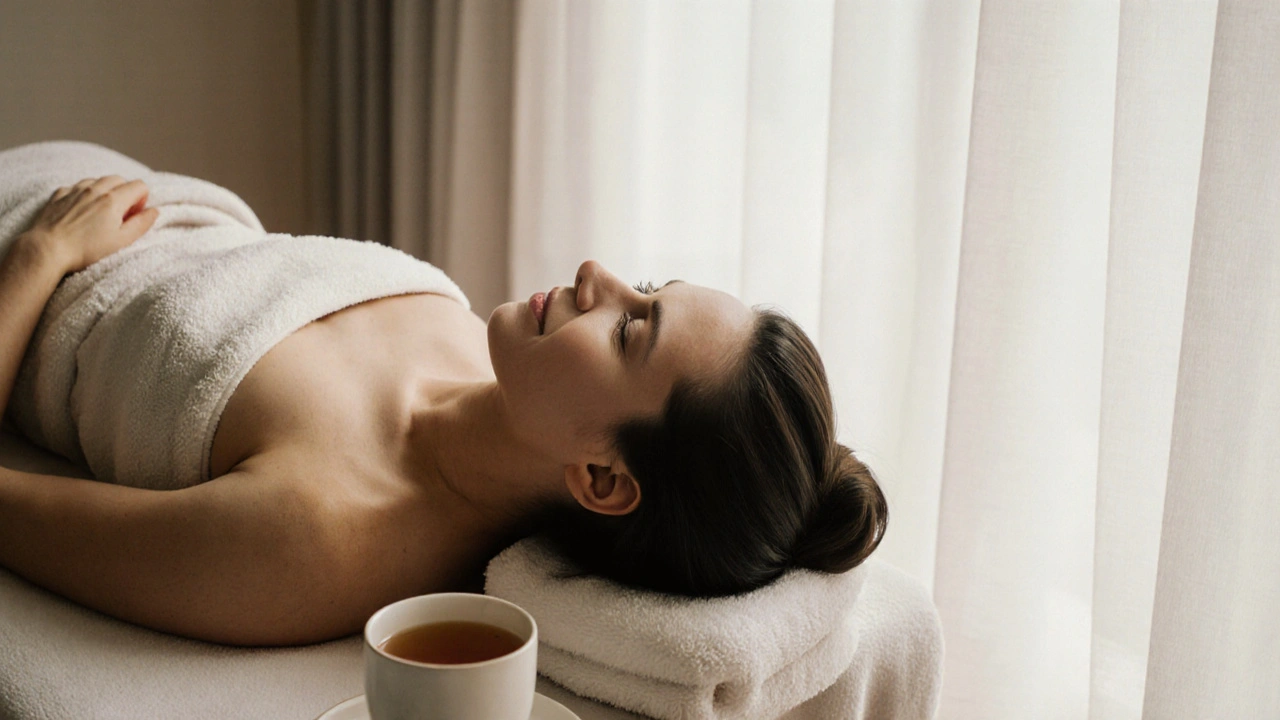 Client resting wrapped in a warm towel after an Indian massage session.
