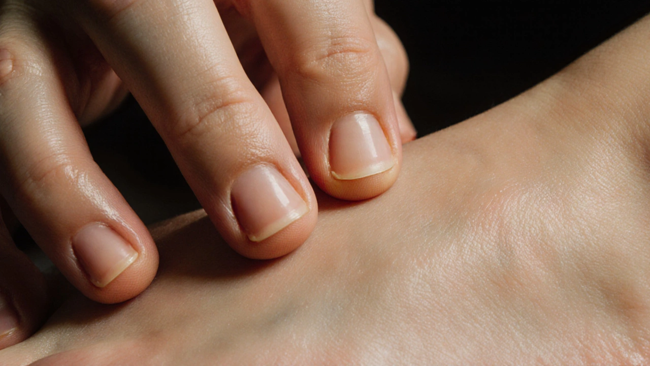 Close-up of hands applying pressure to the arch of a bare foot with oil.