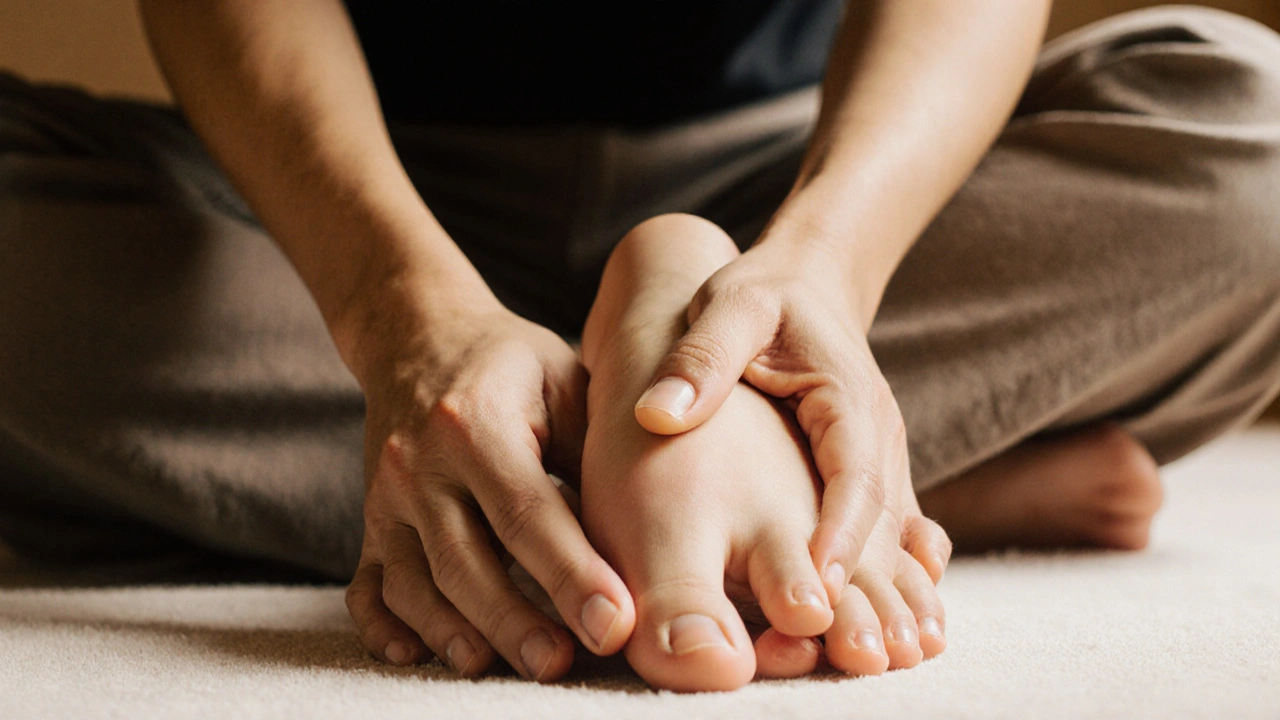 Close-up of hands applying thumb pressure to the arch of a foot during Thai massage.