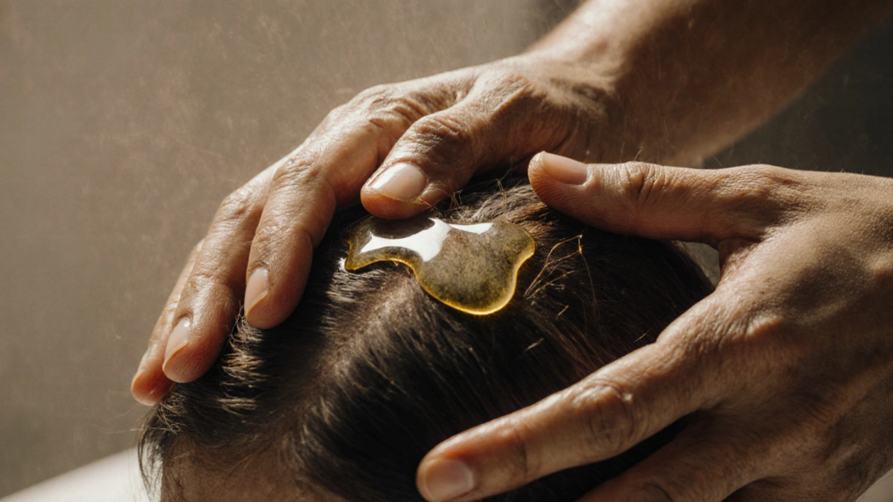 Close-up of hands massaging scalp with warm oil, fingers in gentle motion.