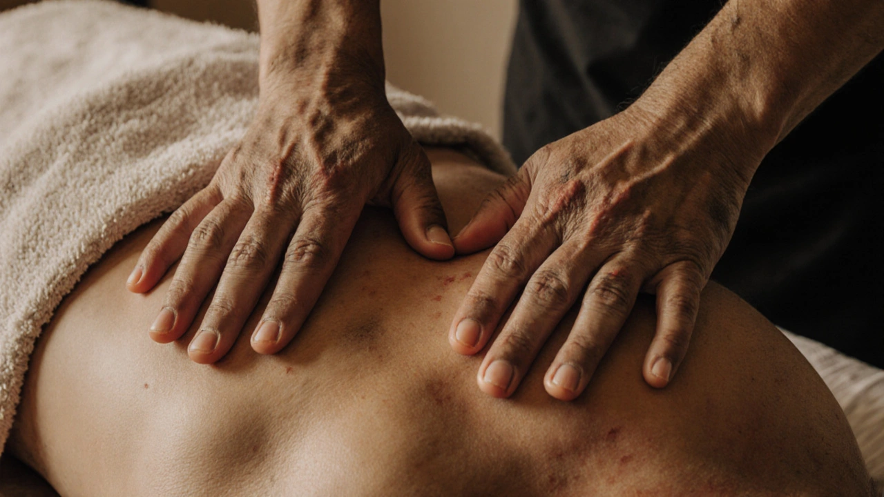 Close-up of hands pressing along a person&#039;s back during a Thai massage session.