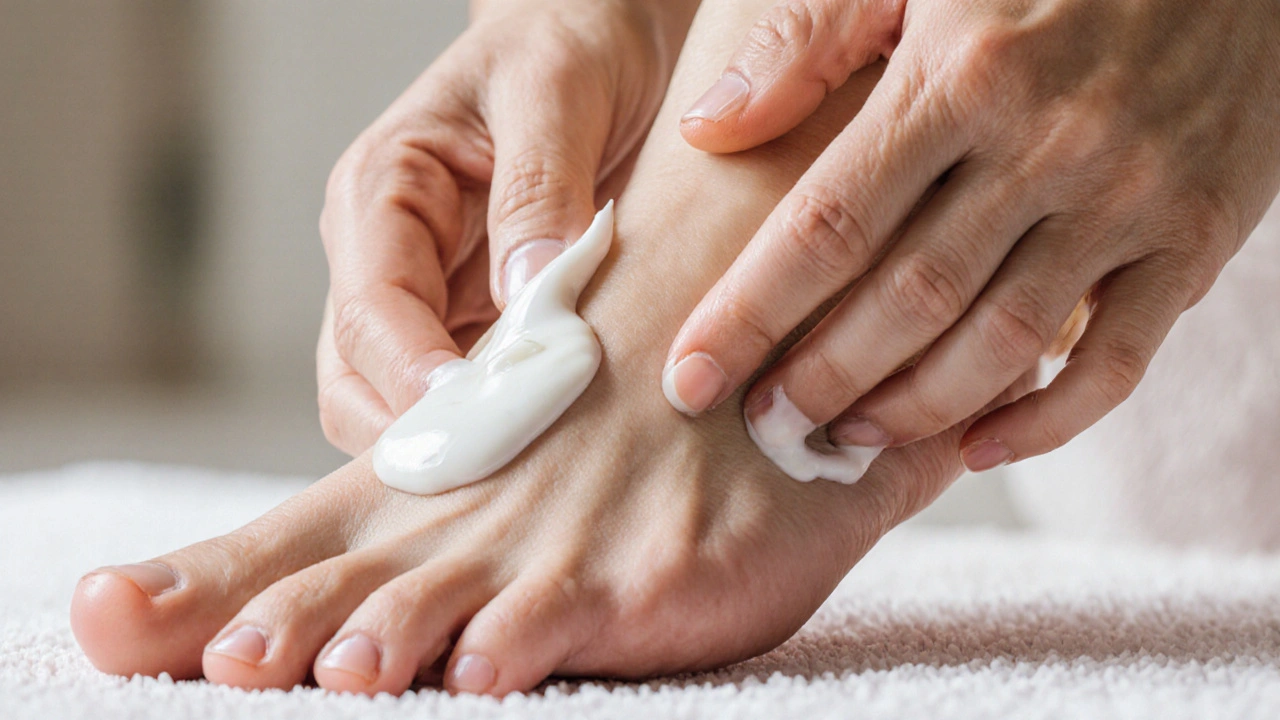 Close-up of hands rubbing lotion into a foot with soft focus background