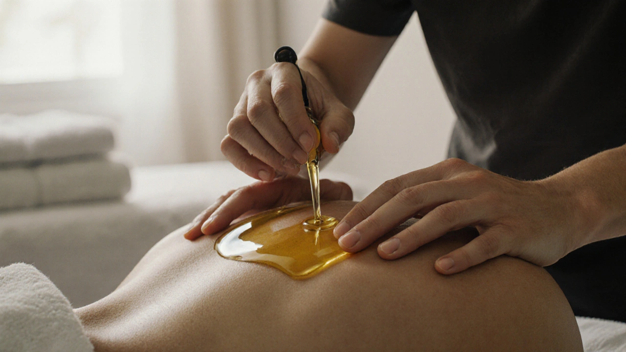 Close-up of hands using oil to massage a shoulder, natural light, serene and soothing atmosphere.
