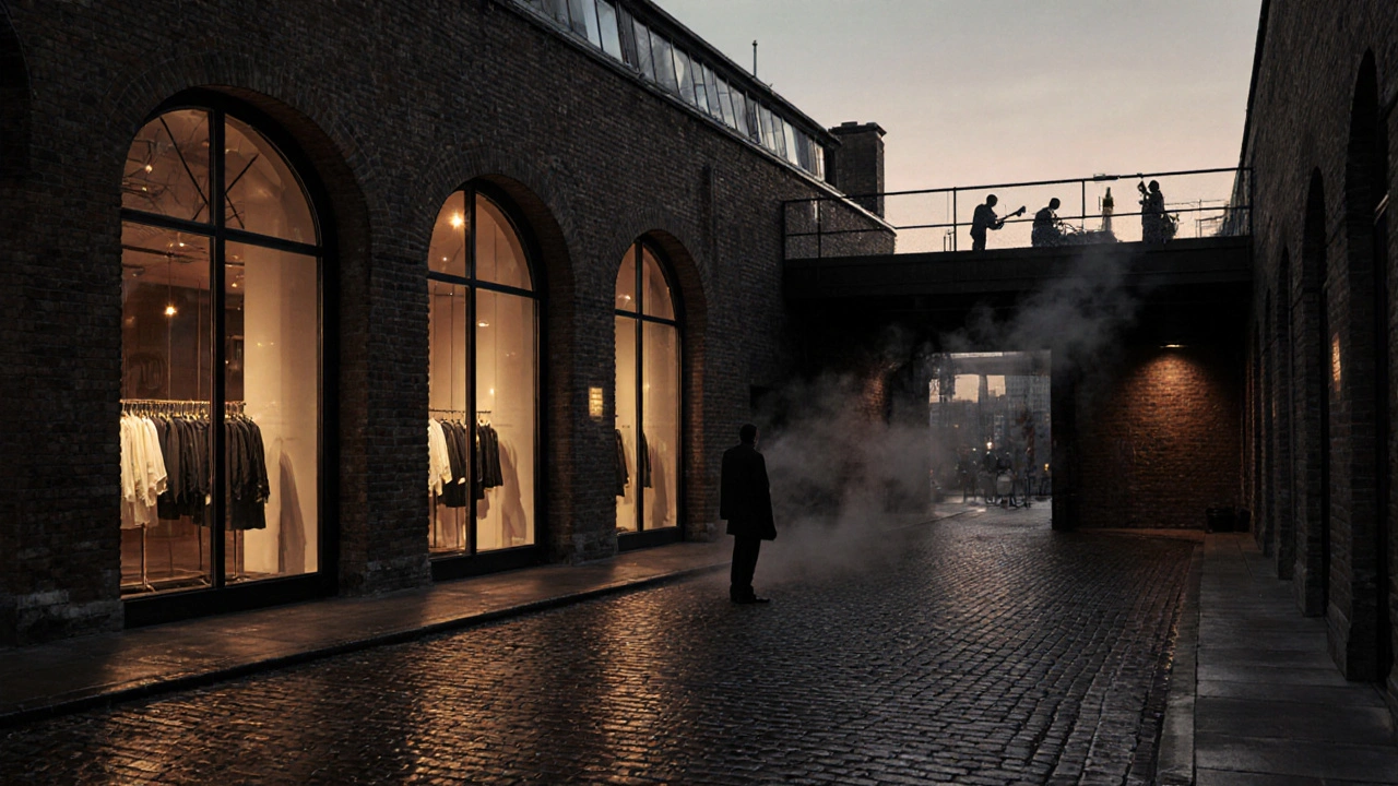 Coal Drops Yard at dusk with Victorian architecture and modern retail lights.