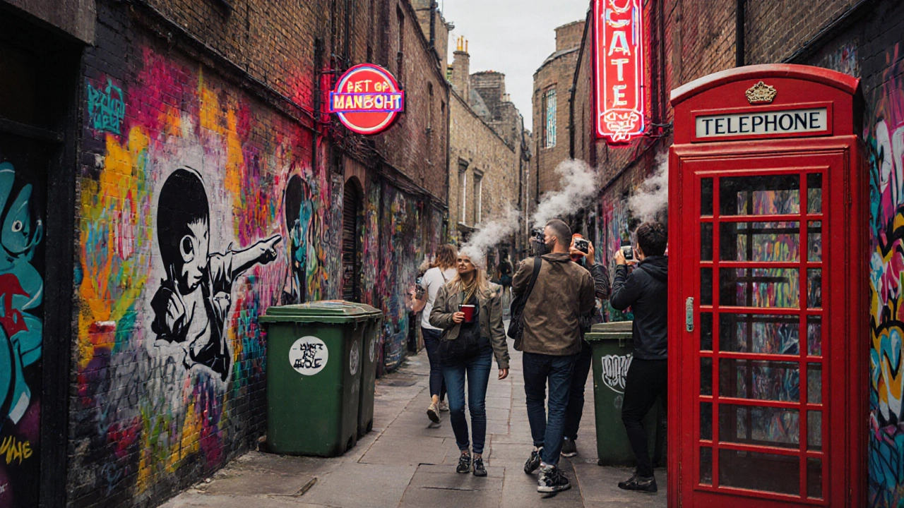 Colorful street art fills Shoreditch alleyways as tourists and a guide explore hidden murals under glowing neon signs.