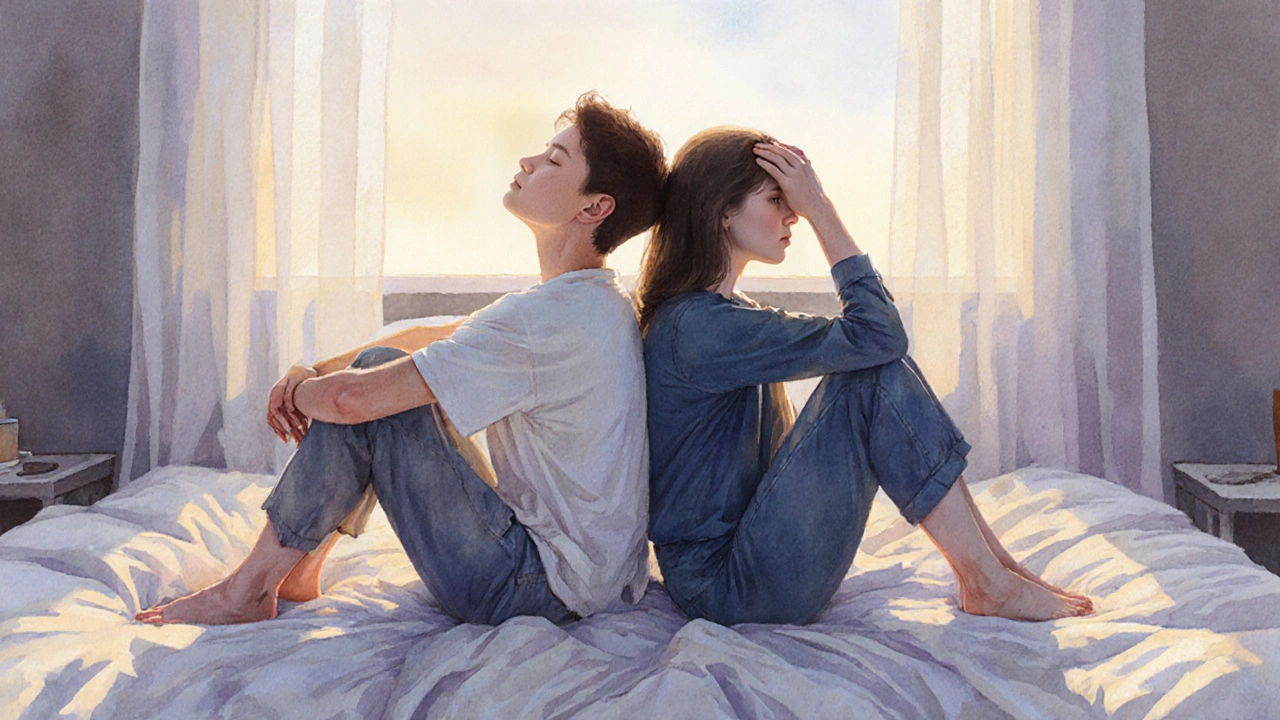 Couple sitting back-to-back on a bed at dawn, one receiving a quiet head massage.