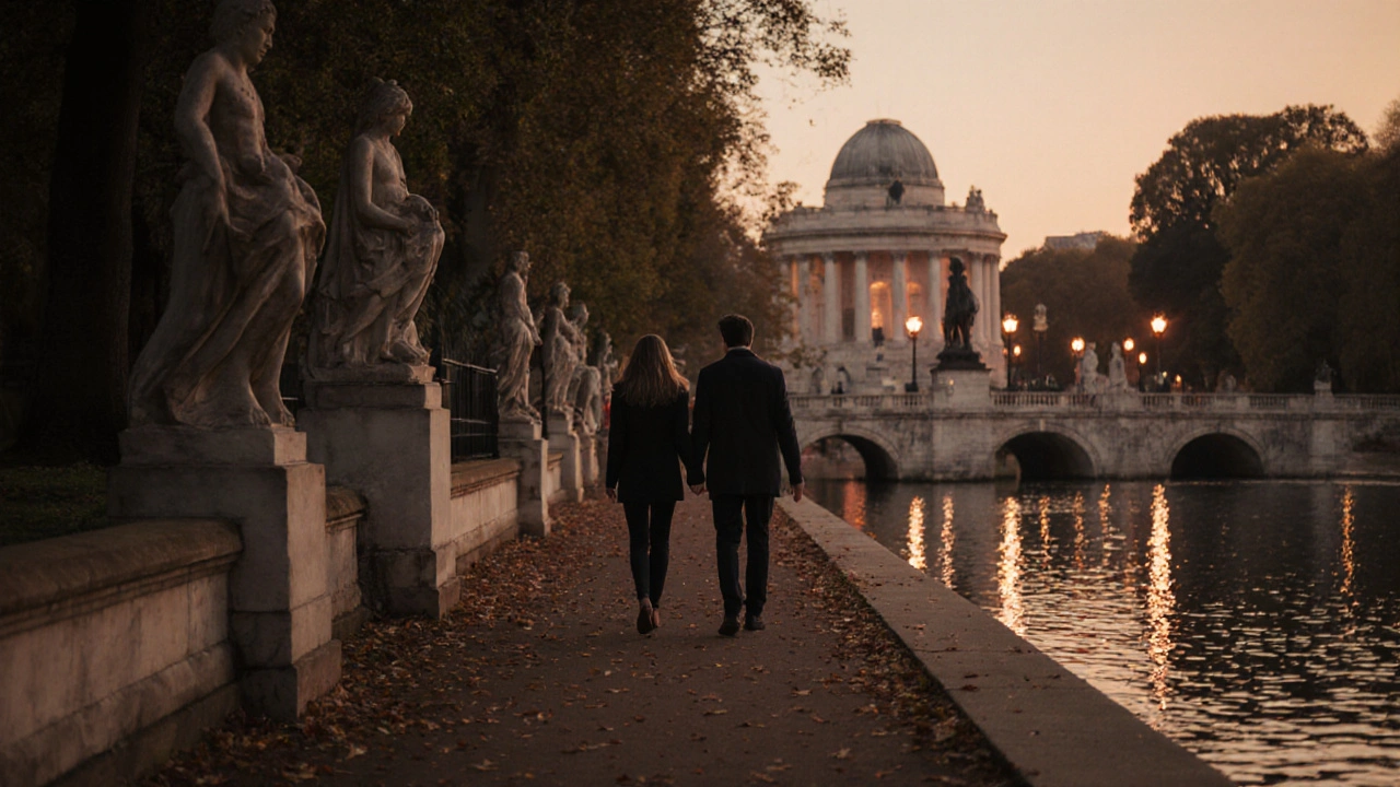 Couple walking along Long Water in Kensington Gardens at dusk, statues glowing amber, no crowds, peaceful atmosphere.