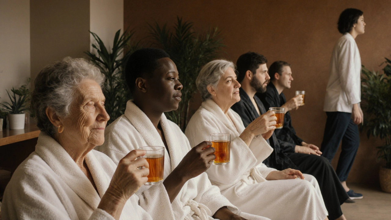 Diverse clients relaxing in a peaceful reception area after sessions.