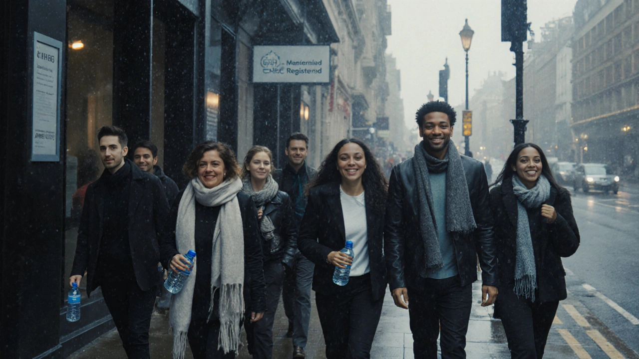 Diverse people leaving a London wellness clinic with calm expressions on a rainy street.