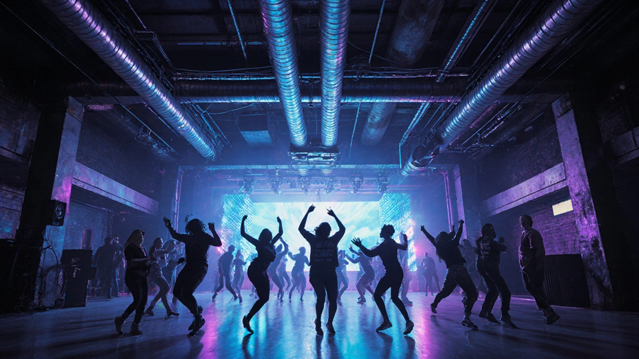 Electric dance floor at a legendary techno club with silhouetted dancers under pulsing lights.