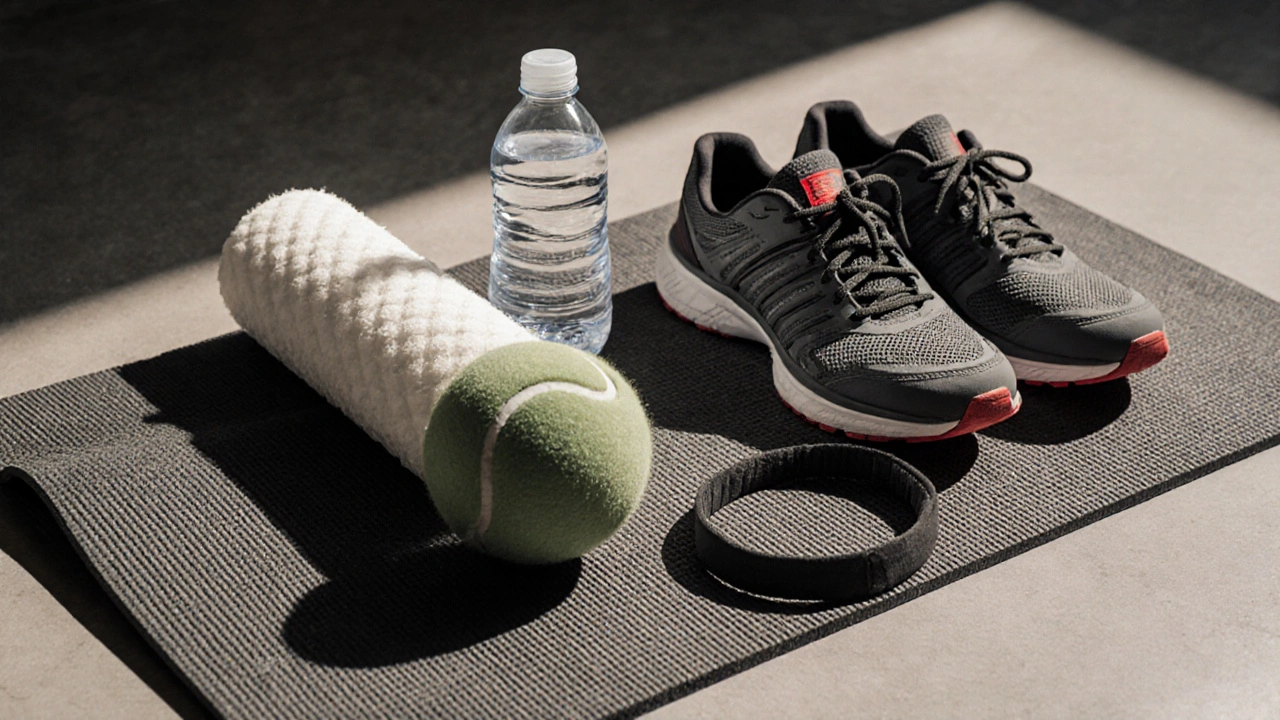 Foam roller, tennis ball, and water bottle beside running shoes on a mat