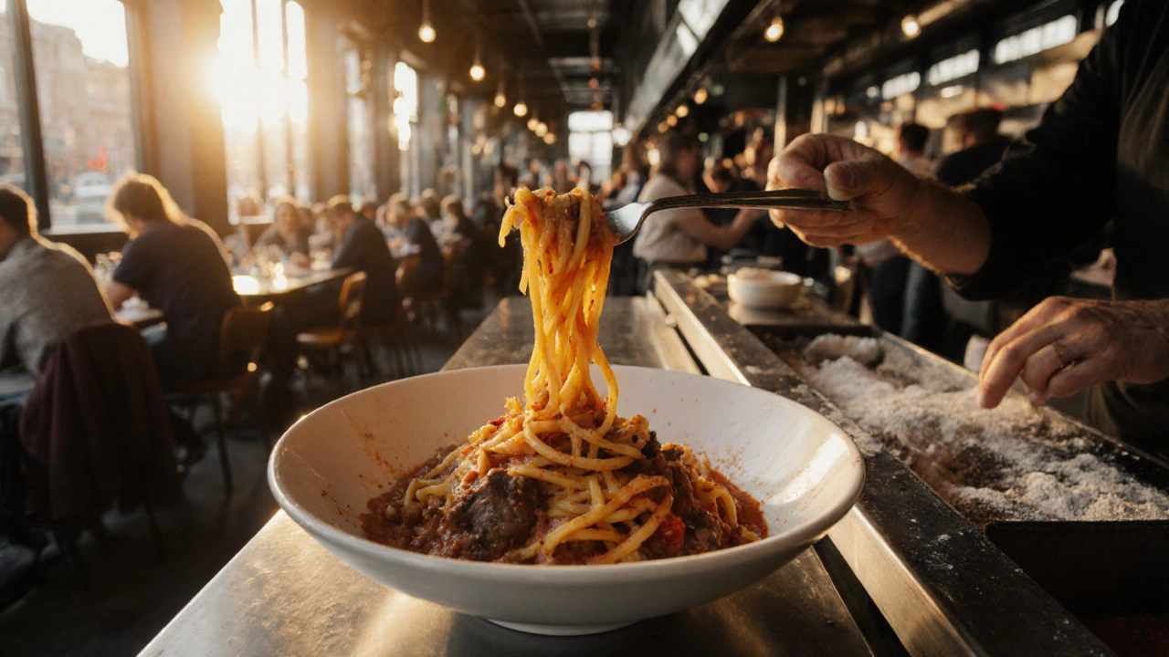Fresh tagliatelle with wild boar ragù at Padella, surrounded by bustling diners in a bright Italian-style space.