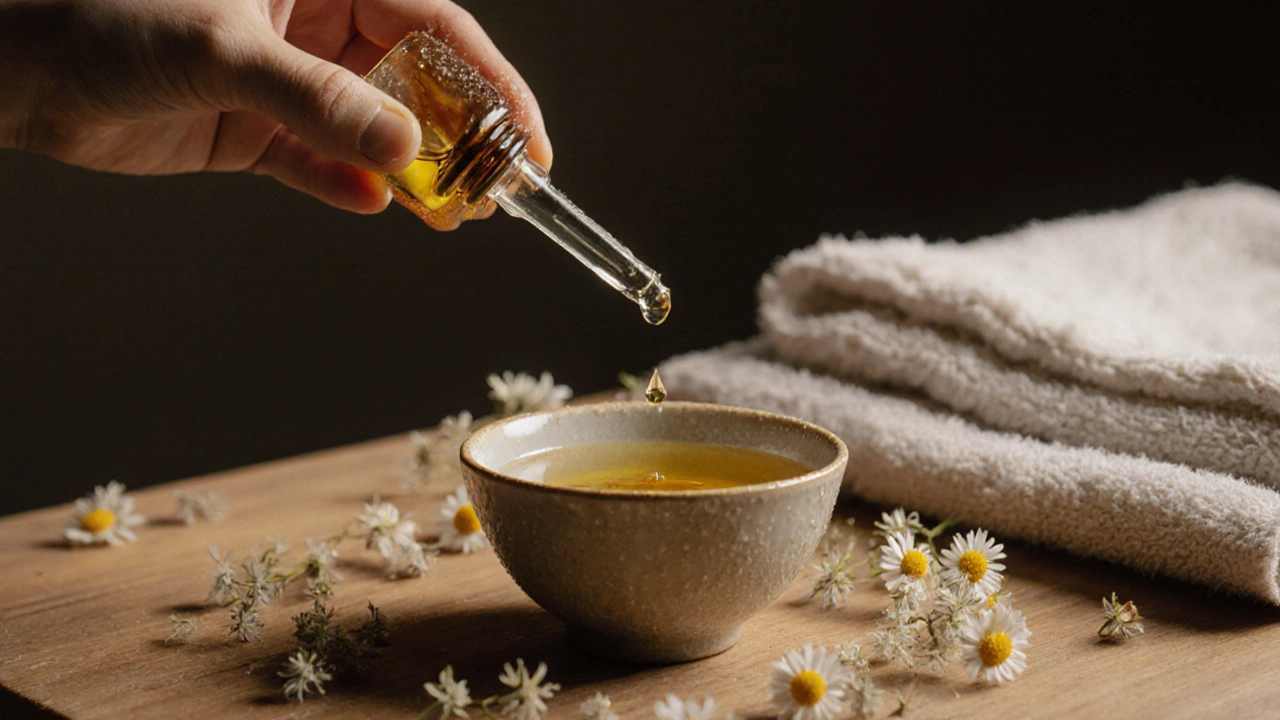 Glass dropper releasing bergamot essential oil into carrier oil with chamomile flowers nearby.