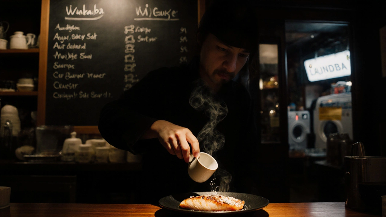 Grilled mackerel with yuzu salt at Wakaba izakaya, served under soft lighting with a handwritten sake menu in the background.