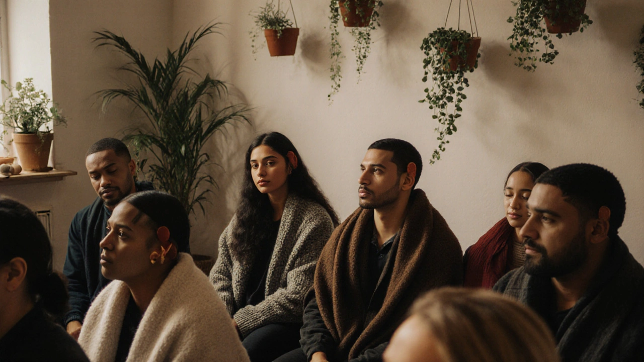 Group of people receiving head massages from each other in a cozy studio setting.