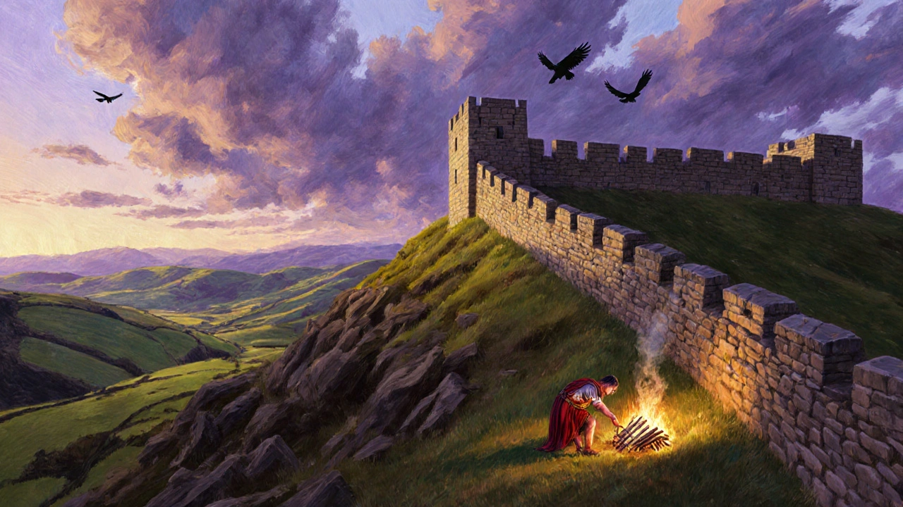 Hadrian’s Wall at dusk with Roman fort and hearth glowing in fading sunlight.