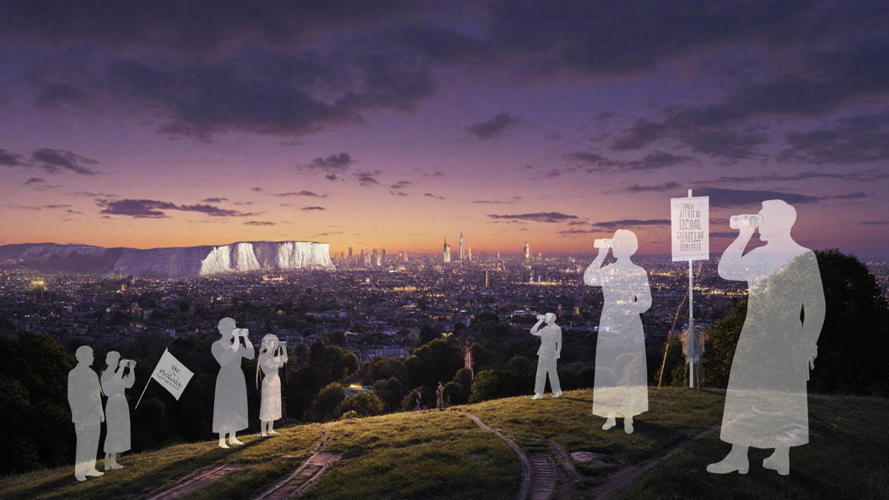 Hampstead Heath panorama at dusk, layered silhouettes of historical figures overlooking London and distant cliffs.