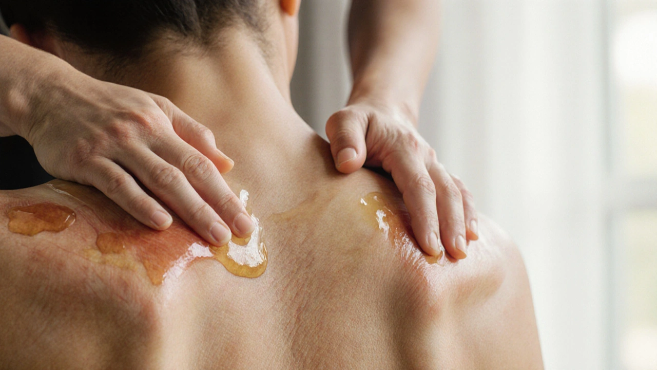Hands applying gentle pressure to a shoulder and neck during massage therapy.
