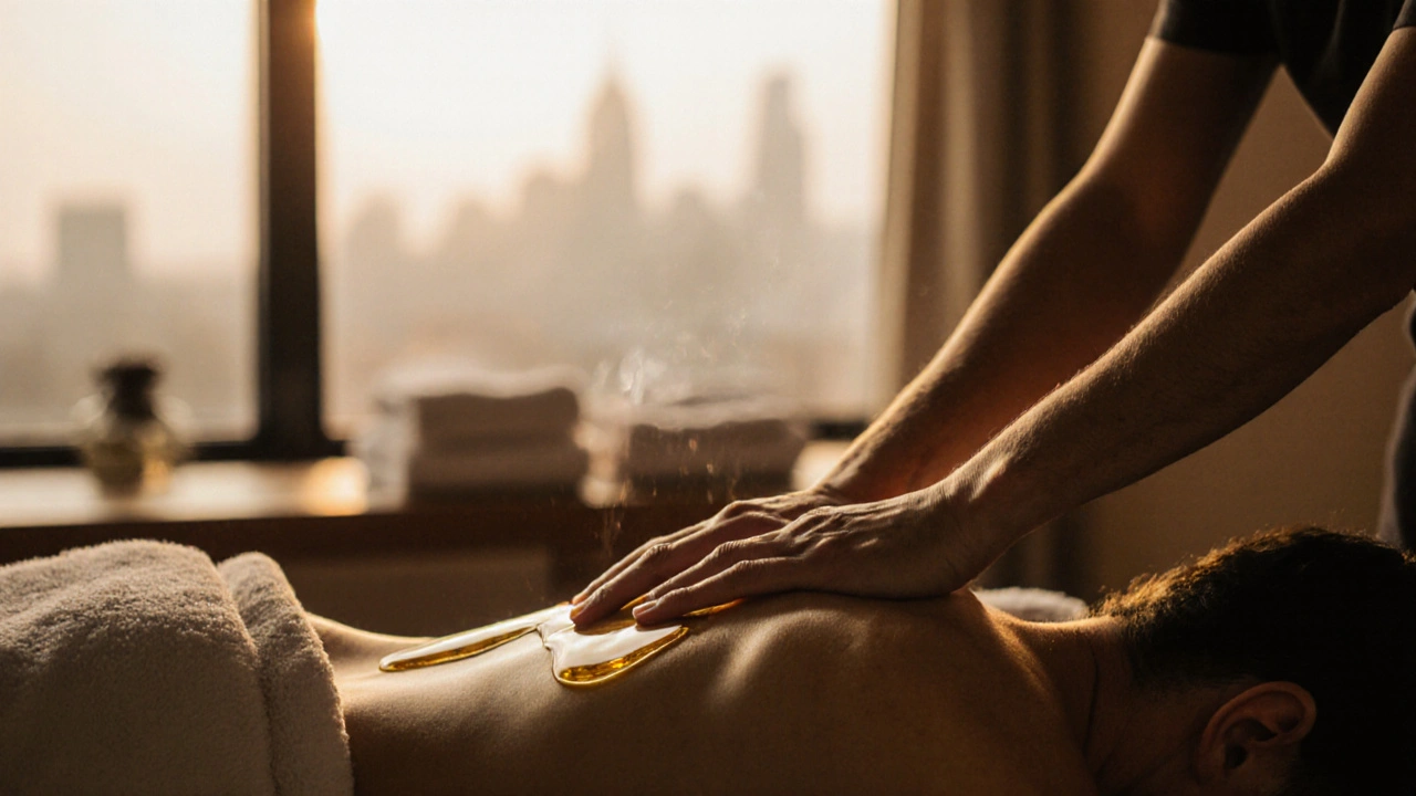 Hands applying oil to a person&#039;s back during massage, warm light and blurred city view outside window.