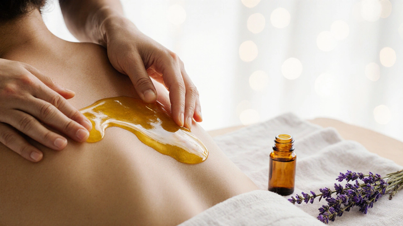 Hands applying warm oil to a back, with lavender sprigs and essential oil bottles nearby.
