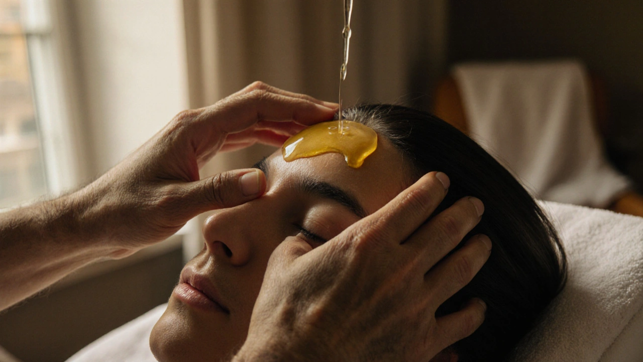 Hands applying warm oil to scalp with sunlight streaming through a window.
