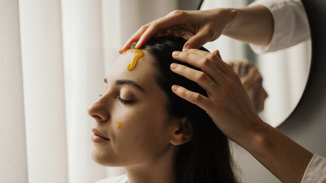 Hands gently massaging a scalp with warm oil in circular motions.