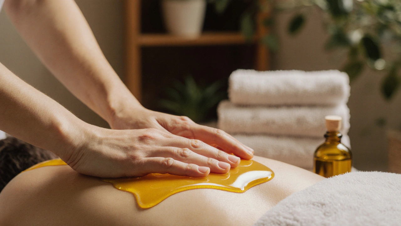 Hands gliding slowly over a back with warm oil during a soothing massage.