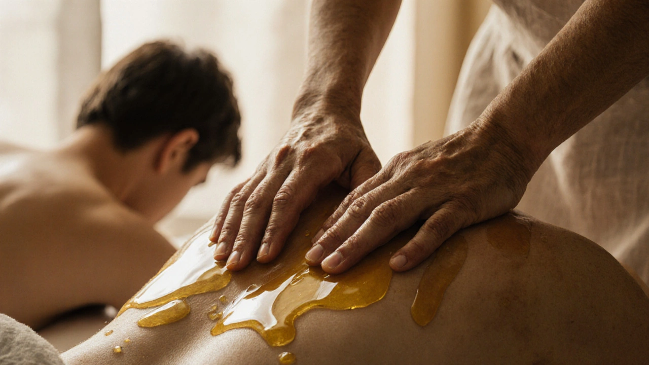 Hands gliding with oil over a back in warm sunlight, capturing gentle touch and natural texture.
